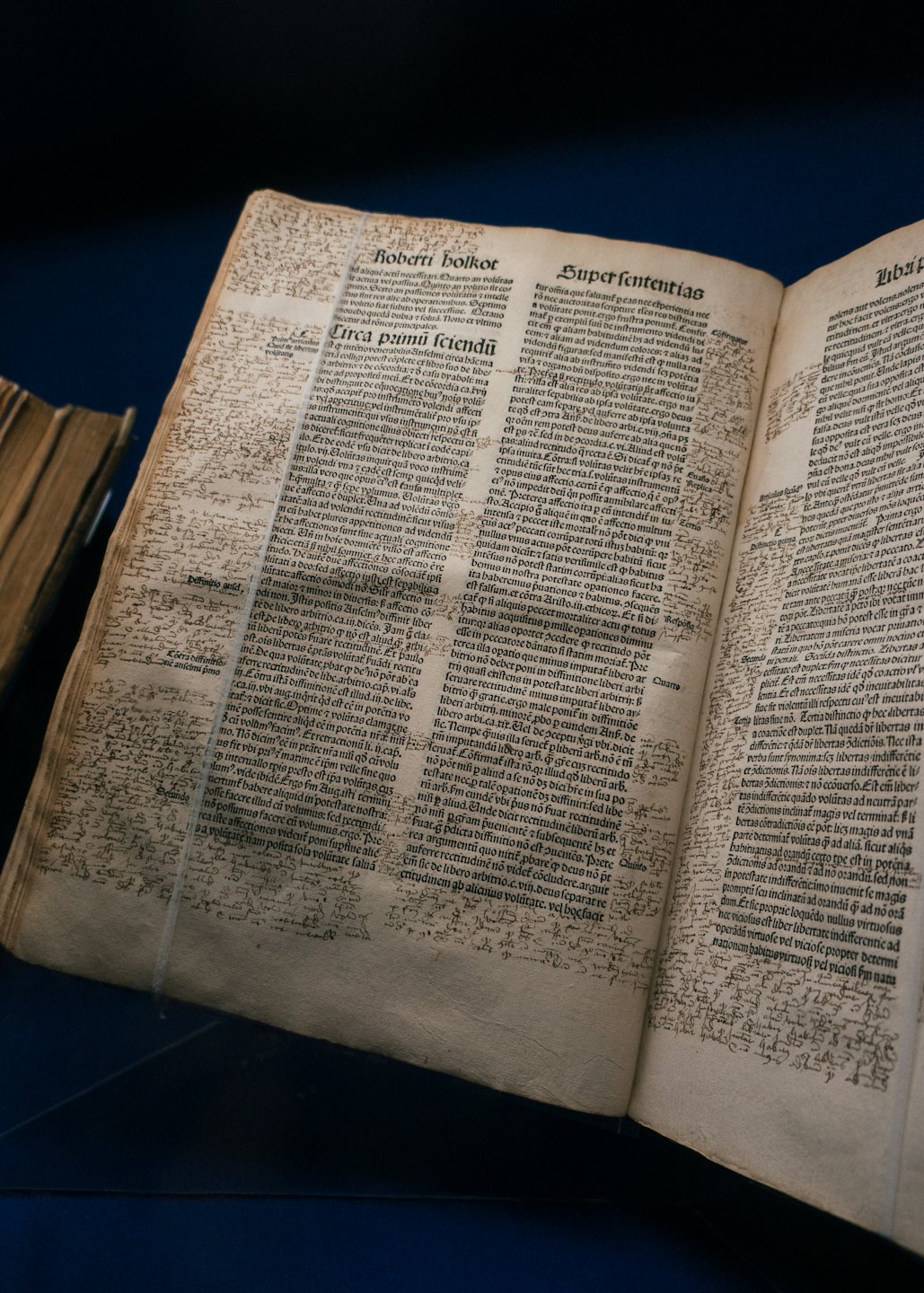 Antiker Buch mit handschriftlichen Notizen auf blauem Untergrund.